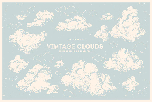 Vector collection of hand drawn clouds. Vintage sky, retro style illustration, cloudscape ink drawing. Nature background.