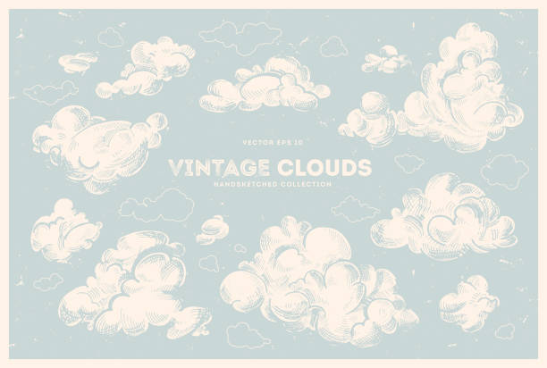 Hand drawn vintage cloud set. Vector illustration. Vector collection of hand drawn clouds. Vintage sky, retro style illustration, cloudscape ink drawing. Nature background. cloud outline background stock illustrations