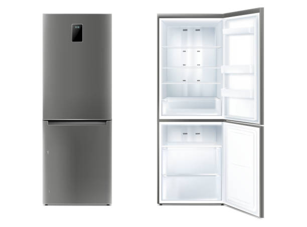 오픈 도어 벡터 일러스트가 있는 사실적인 냉장고 세트. 냉각 온도 디스플레이 및 제품 보관을 위한 선반이 있는 전자 냉장고는 격리된 것입니다. 가정용 가정용 냉동고 - indoors cut out isolated white background stock illustrations