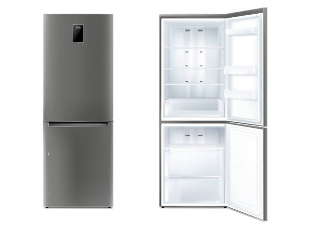 istock Set of realistic refrigerator with open and closed door vector illustration. Electronic fridge with cooling temperature display and shelves for products storage isolated. Home freezer for household 1347107273