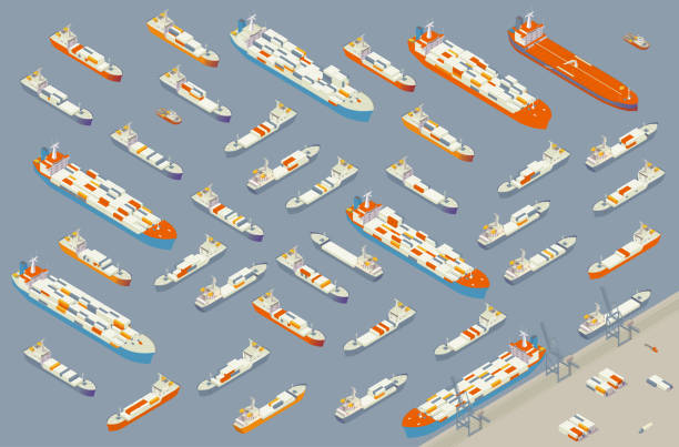 illustrazioni stock, clip art, cartoni animati e icone di tendenza di traffico portuale marittimo - industrial ship illustrations