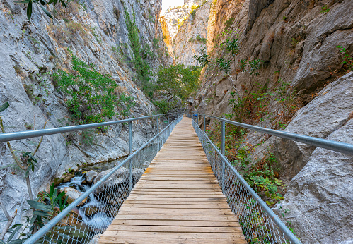 Empty boardwalk through Sapadere canyon in Alanya, Turkey.