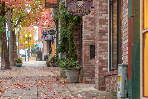 Bellingham, WA USA - 10-10/2021: Leaves line the sidewalk during autumn in historic Fairhaven, shops and other small business in brick buildings