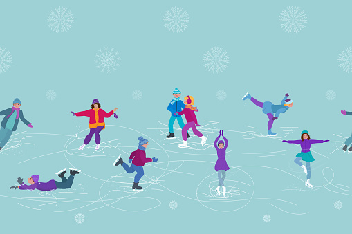 People skating. Horizontal seamless pattern. Winter repeating background. Vector illustration.