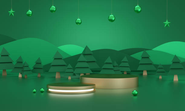 istock Golden light podium on green christmas forest landscape background. 1347110708