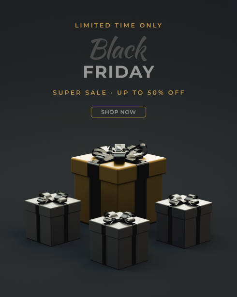 istock Black Friday social media post with gift boxes in realistic 3D rendering. Lettering text, special offer, social network dark background flyer and online shopping concept. 1347110991