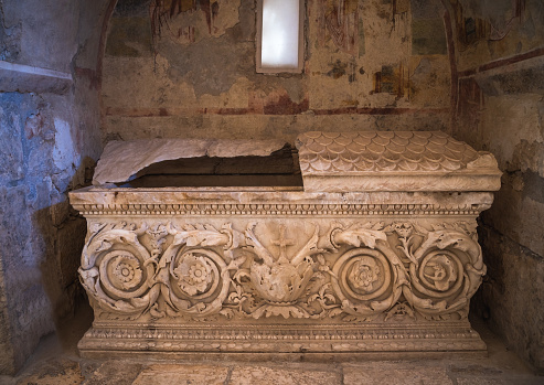 Demre, Antalya Turkey - October 03 2021: Sarcophagus in the Church of St. Nicholas the Wonderworker.