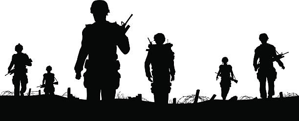 Troops foreground Editable vector foreground of silhouettes of walking soldiers on patrol with figures as separate elements armed forces stock illustrations