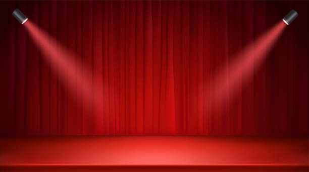 ilustrações de stock, clip art, desenhos animados e ícones de bright stage with red curtains and spotlights. 3d style realistic vector illustration - set