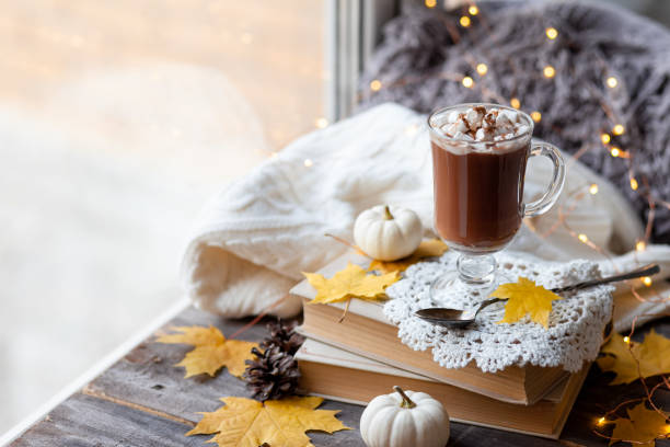 istock Autumn composition with hot chocolate with marshmallow. Aromatherapy on a grey fall morning, atmosphere of cosiness and relax. Wooden background, window sill, close up 1347112714