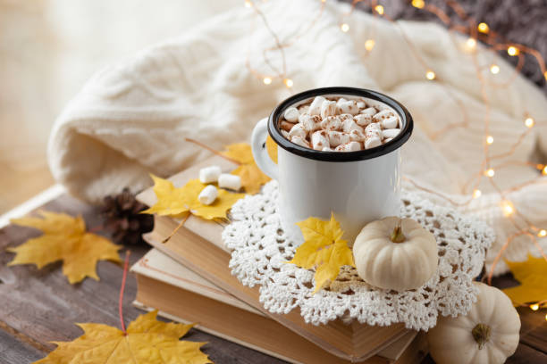 istock Autumn composition with hot chocolate with marshmallow. Aromatherapy on a grey fall morning, atmosphere of cosiness and relax. Wooden background, window sill, close up 1347112723