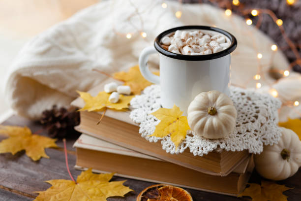 istock Autumn composition with hot chocolate with marshmallow. Aromatherapy on a grey fall morning, atmosphere of cosiness and relax. Wooden background, window sill, close up 1347112724