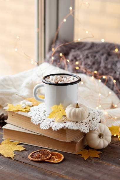 istock Autumn composition with hot chocolate with marshmallow. Aromatherapy on a grey fall morning, atmosphere of cosiness and relax. Wooden background, window sill, close up 1347112735