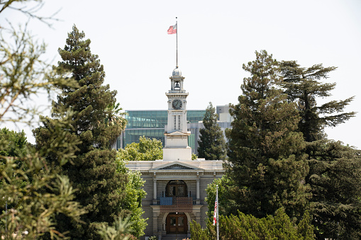Daytime view of the historic public courthouse, constructed in 1900, of Madera, California, USA.