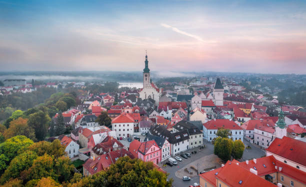 Tabor, Czechia. Aerial view of old town Tabor, Czechia. Aerial view of historic old town on sunrise former czechoslovakia stock pictures, royalty-free photos & images