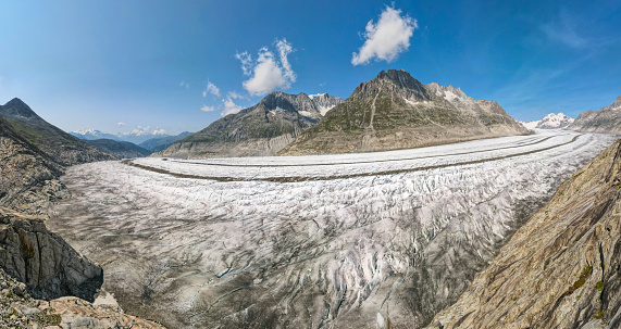 view of the glacier as it runs along a curve. the Aletsch Glacier is the largest glacier in the Alps. near Eggishorn, Fiescheralp and Bettmerhorn, canton of Valais, Switzerland