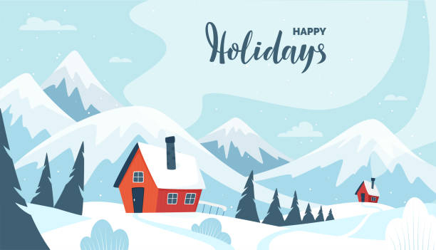 ilustraciones, imágenes clip art, dibujos animados e iconos de stock de paisaje de montañas de invierno con letras a mano de happy holidays. - happy holidays