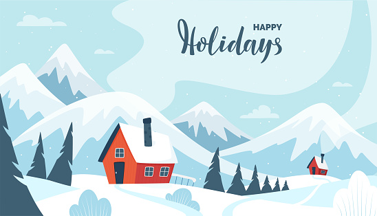 Winter Mountains landscape with hand lettering of Happy Holidays. Winter houses, pines and hills. Flat winter horizontal landscape. Snowy backgrounds. Vector illustration.