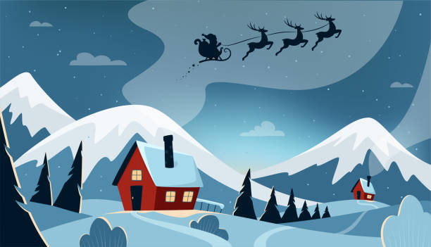 istock Night Winter Mountains landscape with Santa Claus Sleigh. 1347116344