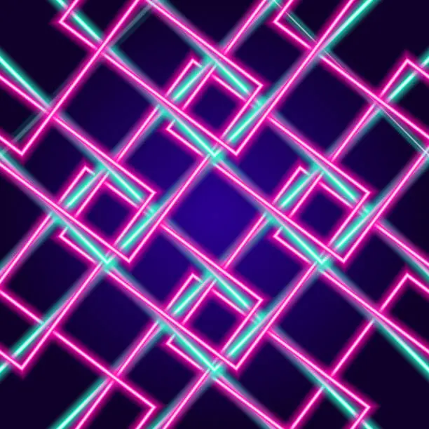 Vector illustration of Neon abstract pattern of pink and turquoise lines. Seamless pattern of glowing squares intersecting each other bright pink and blue lines on a dark blue background for the template