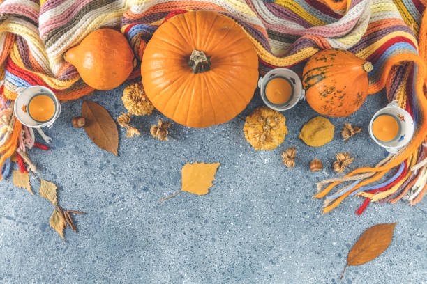 istock Setting modern elegant gray orange and white themed table with pumpkins centerpiece flat lay 1347118741