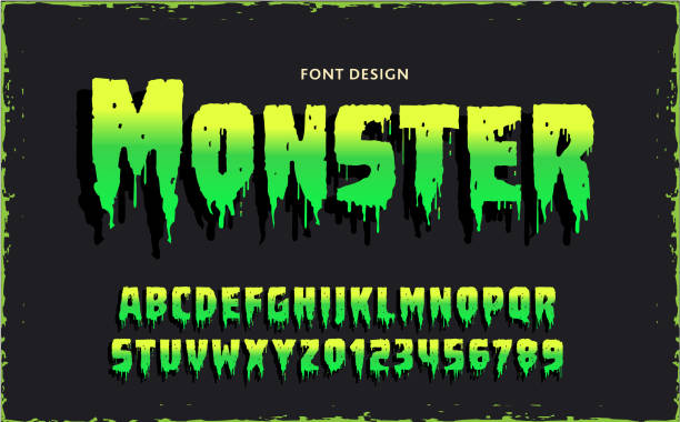 illustrazioni stock, clip art, cartoni animati e icone di tendenza di il design dell'alfabeto dei caratteri del film retro monster include lettere maiuscole e numeri viscidi con sfondo strutturato - viscido
