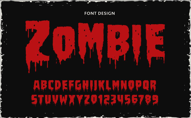 illustrazioni stock, clip art, cartoni animati e icone di tendenza di il design dell'alfabeto del carattere del film retro zombie include lettere maiuscole e numeri con sfondo strutturato - horror monster spooky movie