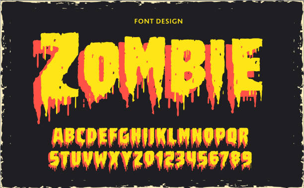 ilustraciones, imágenes clip art, dibujos animados e iconos de stock de el diseño del alfabeto de fuentes de película retro zombie incluye letras mayúsculas y números con fondo texturizado - horror monster spooky movie