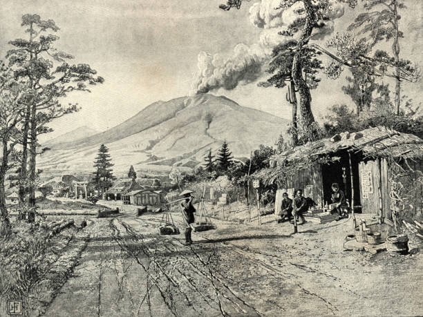 Vintage illustration of Volcanic eruption from Asamayama, Mount Asama, Japan, 19th Century. Viewed from the village of Kotsukake