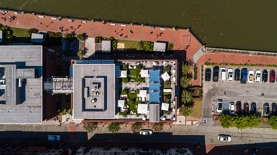 Patio with a small garden on a green rooftop in Savannah, Georgia, USA. Aerial bird's eye, looking down, view.