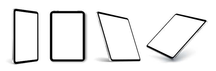 Tablet frame less blank screen, rotated position. Tablet from different angles. Mockup generic device set. UI, UX Template for infographics or presentation