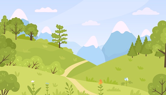 Flat forest with meadow, trees, bushes and mountains landscape. Cartoon spring green hills nature with flowers and plants vector background. Spring or summer time greenery with blue sky