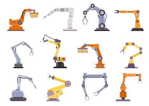 Factory robot arms, manipulators and cranes for manufacture industry. Flat mechanic control tool, automation technology equipment vector set. Production machinery hand, innovative loader