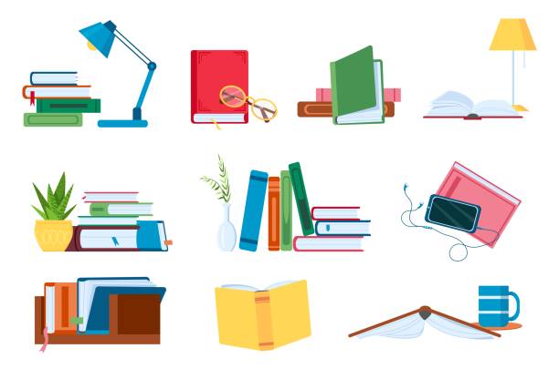 ilustrações de stock, clip art, desenhos animados e ícones de reading literature, flat book stacks and piles for study. open and closed books with lamp. bookstore, school or audiobook vector concept set - personal organizer telephone group of objects diary