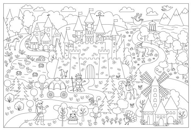 ilustrações de stock, clip art, desenhos animados e ícones de vector black and white fairytale kingdom illustration. fantasy line castle and characters picture. cute magic fairy tale background with palace. medieval village landscape or coloring page - book magic picture book illustration and painting