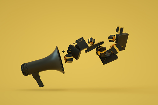 3d rendering of Megaphone with flying gift boxes and shopping bags, black friday background