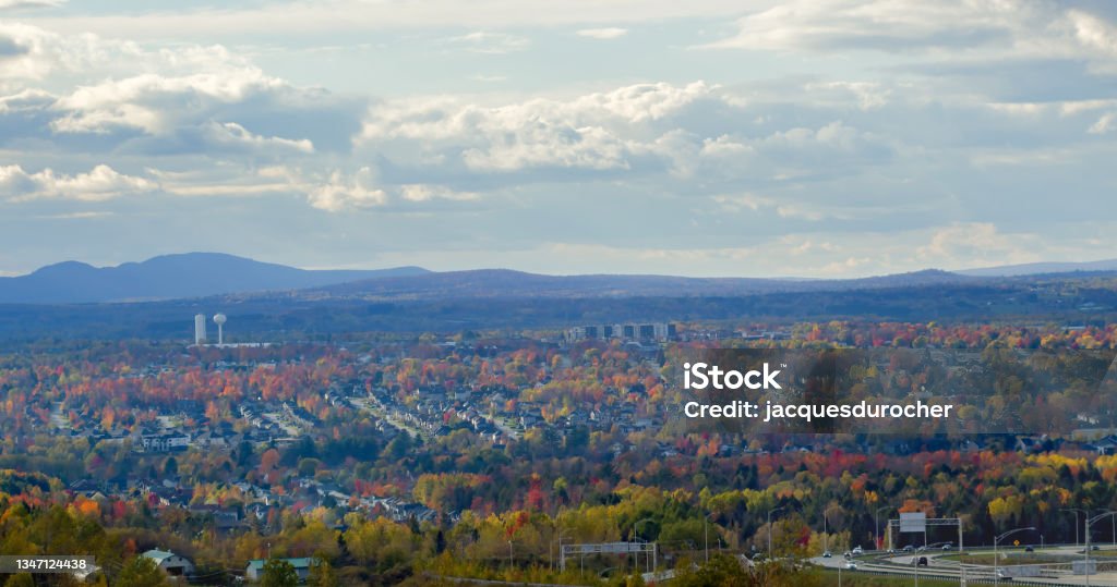 Sherbrooke Quebec landscape mountain and clouds skyline Eastern Townships autumn Estrie horizon clouds and mountain landscape autumn skyline of Rock-Forest Sherbrooke Quebec Eastern Townships Estrie Quebec Stock Photo