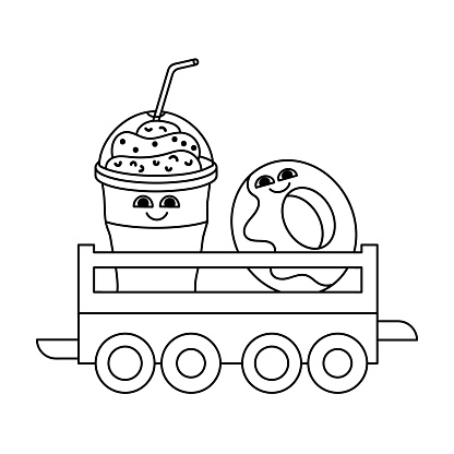Coloring Book Page For Kids Kawaii Donut And Milkshake Ride The Train ...