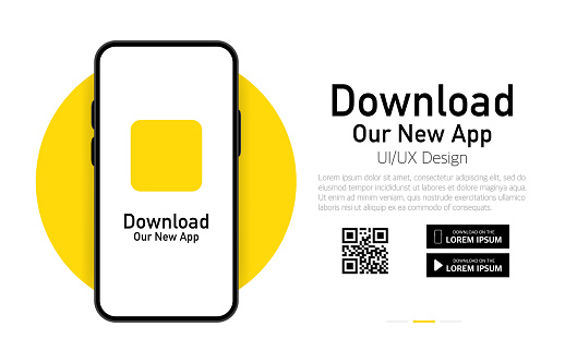 Download our app advertising banner. Phone mockup. App for mobile. UI and UX design. Vector illustration