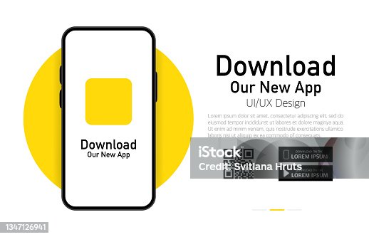 istock Download our app advertising banner. Phone mockup. App for mobile. UI and UX design. Vector illustration. 1347126941