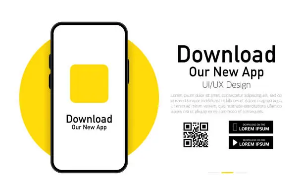 Vector illustration of Download our app advertising banner. Phone mockup. App for mobile. UI and UX design. Vector illustration.