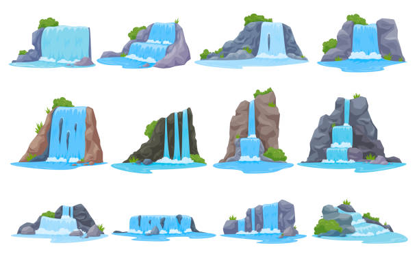 ilustrações de stock, clip art, desenhos animados e ícones de cartoon waterfall set vector flat illustration natural water streaming mountain cliff river cascade - waterfall cartoon tropical rainforest vector