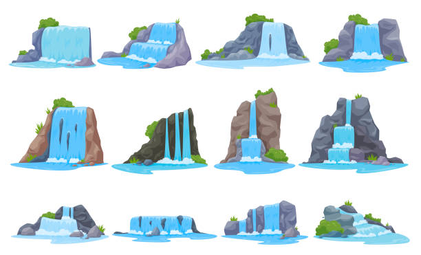 Cartoon waterfall set vector flat illustration natural water streaming mountain cliff river cascade Cartoon waterfall set vector flat illustration. Collection natural water streaming mountain cliff beautiful river cascade isolated on white. Tropical nature flowing panorama landscape with green grass waterfall stock illustrations