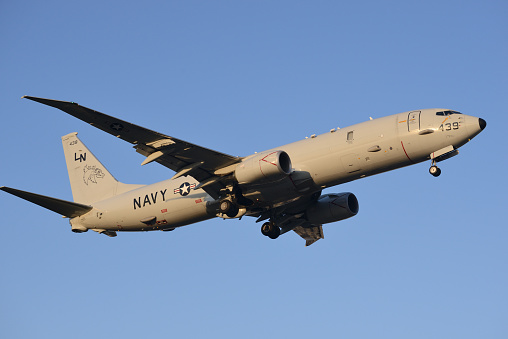 Kanagawa, Japan - March 28, 2015:United States Navy Boeing P-8A Poseidon Multimission Maritime Aircraft belonging to the VP-45 \