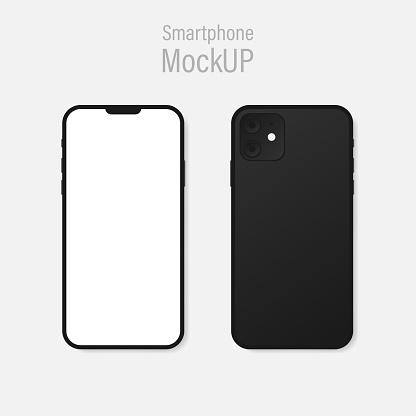 Realistic dark grey Smartphone mockup. Phone blank screen in Front and back view on gray background Vector EPS 10