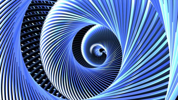istock 3d render. Abstract dark background with curved lines like tubes twisted in helix and blue neon light running on tubes. Round composition. Abstract spiral. 1347133580