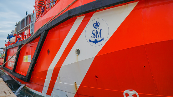 Alicante, Alicante / Spain, 10 16 2021 : MARTA MATA maritime rescue boat on the high seas with temporary base in Alicante.