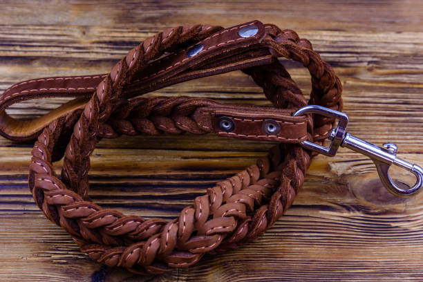 istock Brown leather dog leash on a wooden background 1347136586