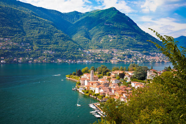 Idyllic town of Torno on Como lake aerial view Idyllic town of Torno on Como lake aerial view, Lombardy region of Italy como italy stock pictures, royalty-free photos & images