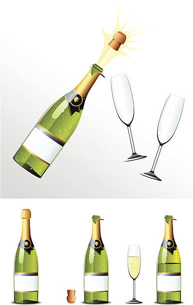 ilustrações, clipart, desenhos animados e ícones de rolha de garrafa de champanhe e copos - white background wine bottle isolated on white champagne